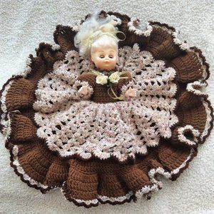 Vintage Pretty Bed Doll Wearing Brown & White Hand Crochet Dress Pearl Necklace